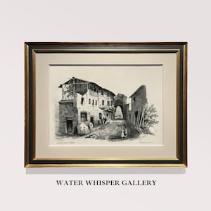 French Landscape Country Painting, Rural Architecture Sketch, Village Street Scene Drawing, Village Farmhouse Wall Art, DIGITAL PRINTABLE