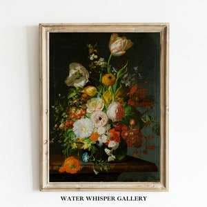 Vintage Still Life with Flowers in a Glass Vase, Colorful Flower Wall Art Bouquet, Floral Art Print Vintage Botanical Printable Digital