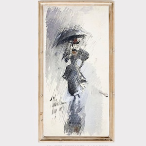 Rainy Day Art Scene, Woman with Umbrella, Rainy landscape Art, Urban Wall Art, Vintage Modern Print, Outdoor Scene, DIGITAL PRINTABLE