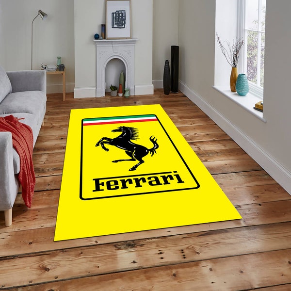 Yellow Ferrari Car Logo Red Color Rug, 100% Quality Rug, Car Seat Rug, Entrance Rug, Office Rug, Wall Handing Rug, Kids Room Rug, Repair Car