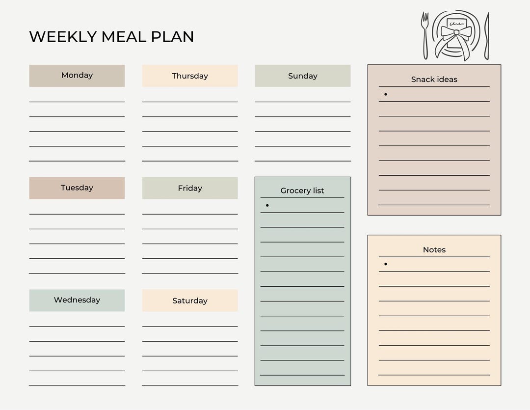 Food Plan Note Simple Weekly Meal Plan With Snack Ideas, Grocery List, and Notes - Etsy