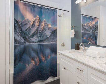 Majestic Mountain Lake Reflection Shower Curtain, Nature Landscape Bathroom Decor, Scenic Alpine View Housewarming Wedding New House Gift