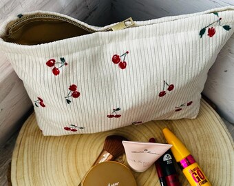Cosmetic bag with cherries | Retro corduroy makeup bag | Handmade toiletry bag | Gift idea for fruit lovers | Makeup bag
