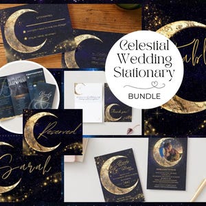 Pacote de papelaria para casamento celestial, 7 peças, modelo digital Canva para convites, programa, RSVP, números de mesa, cartão de posicionamento, cartão de agradecimento
