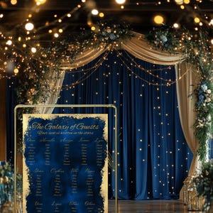 Plano de asientos para bodas celestiales Impresión digital de galaxia de invitados con números de mesa de constelación para bodas cósmicas, de noche estrellada y astrológicas