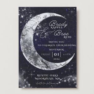 Faire-part de mariage céleste cosmique nuit étoilée design élégant lune et étoiles téléchargement immédiat modifier en toile pdf écrit dans les étoiles marine or