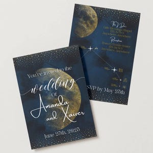 Convite Celestial Cósmico Céu Estrelado Luas Cósmicas e Estrelas convite para casamento gala aniversário download digital editável em canva
