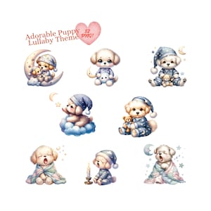 Set di Clipart di ninna nanna per cuccioli incantevoli, illustrazioni di cani notturni da sogno per progetti tranquilli. Collezione di Clipart di ninna nanna per cuccioli incantevoli