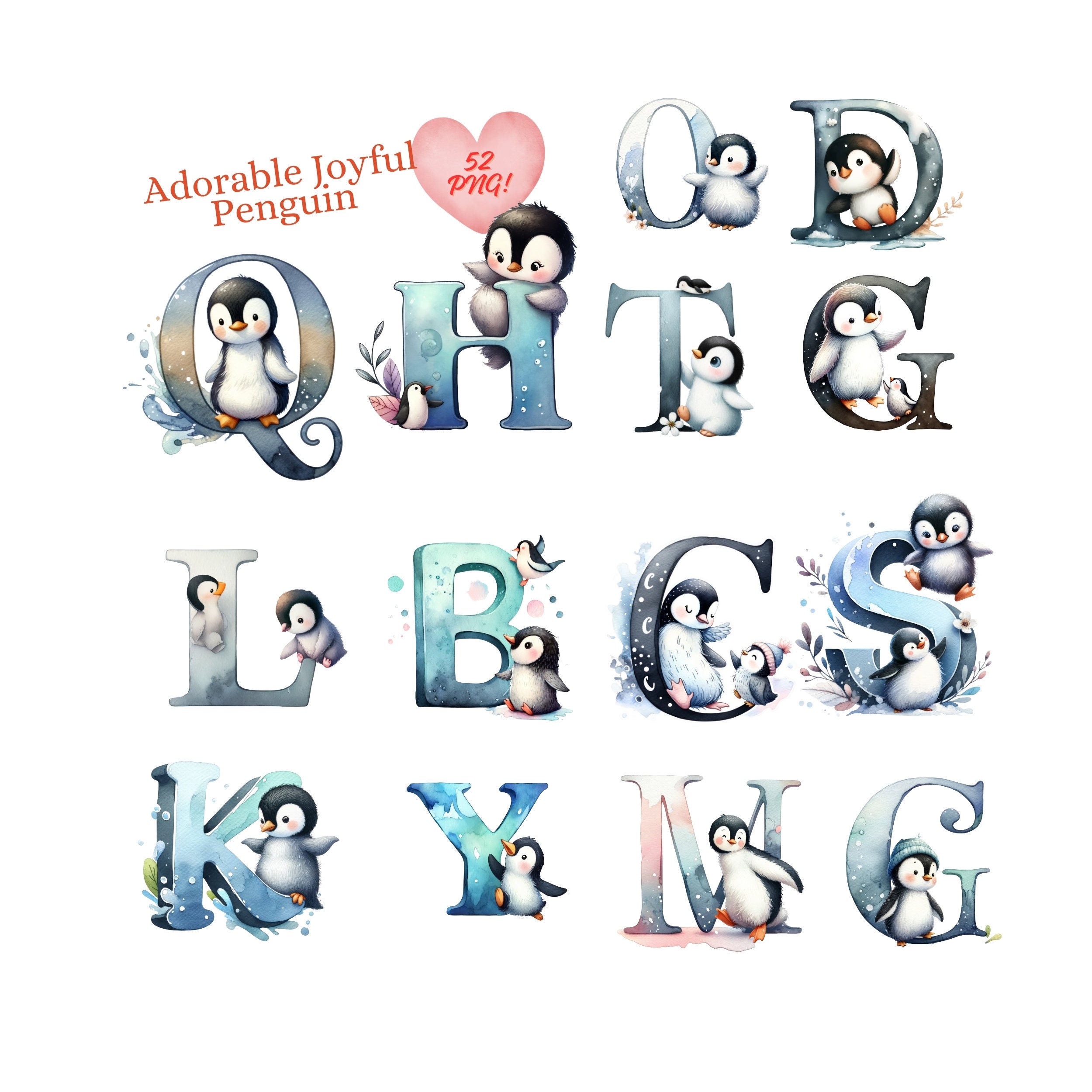Watercolor Penguin Alphabet Clipart: 52 PNG & JPG Files (digital ...