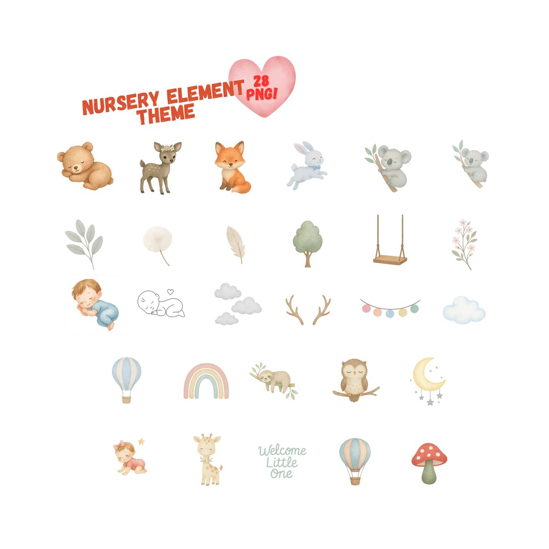 Watercolor Baby Animals Clipart: Nursery Decor PNG Bundle (digital ...
