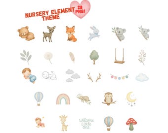May include: A collection of 28 PNG nursery elements in a watercolor style. The elements include animals like a bear, deer, fox, and rabbit, along with a baby, clouds, a rainbow, and a hot air balloon. Text reads "Nursery Element Theme" and "Welcome Little One."