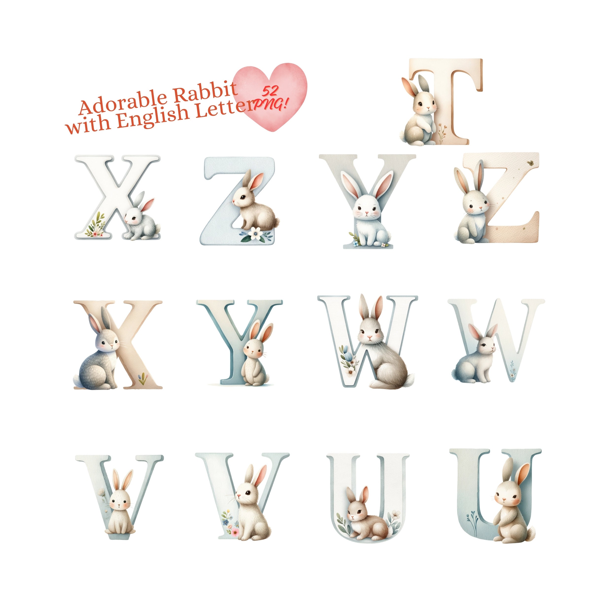 Watercolor Adorable Rabbit Alphabet Clipart, Transparent Background ...