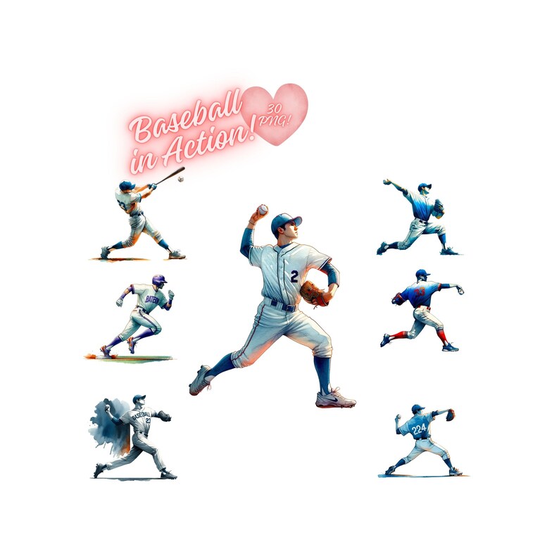 Imágenes prediseñadas de béisbol en acción: 30 ilustraciones deportivas PNG (descarga digital)