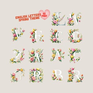 Floral Alphabet PNG Bundle, Spring Letters Clipart, Watercolor Flower Monogram, Digital Alphabet Set, Wedding Font, Sublimation Graphics