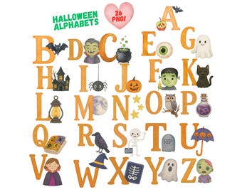 Aquarell Halloween Alphabet Cliparts: Gruselige Buchstaben PNG (A-Z)