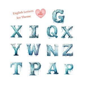 May include: Ice themed alphabet letters in blue and white with icicles dripping from the letters.  The letters are G, X, I, Q, X, Y, W, N, Z, T, P, A, and P.  English Letters Ice Theme 52 PNG!