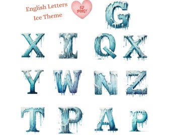 Puede incluir: Letras del alfabeto con temática de hielo en azul y blanco con carámbanos goteando de las letras. Las letras son G, X, I, Q, X, Y, W, N, Z, T, P, A y P. Letras inglesas Tema hielo 52 PNG!