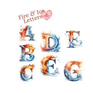 Clipart dell'alfabeto di fusione elementare dell'acquerello: Lettere a tema fuoco e ghiaccio sorprendenti, alfabeto artistico di fuoco e ghiaccio - Download digitale PNG