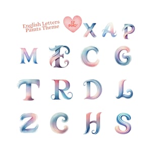 Watercolor Brush Stroke English Alphabet Letters Clipart Set, 52 Hi-Res PNG Hand-Painted Font, Pastel Gradient Design AI Generative