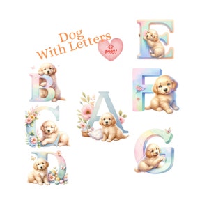 Ensemble de clipart chiots alphabet - lettres adorables chien pour projets personnalisés, fond transparent, haute qualité, usage commercial