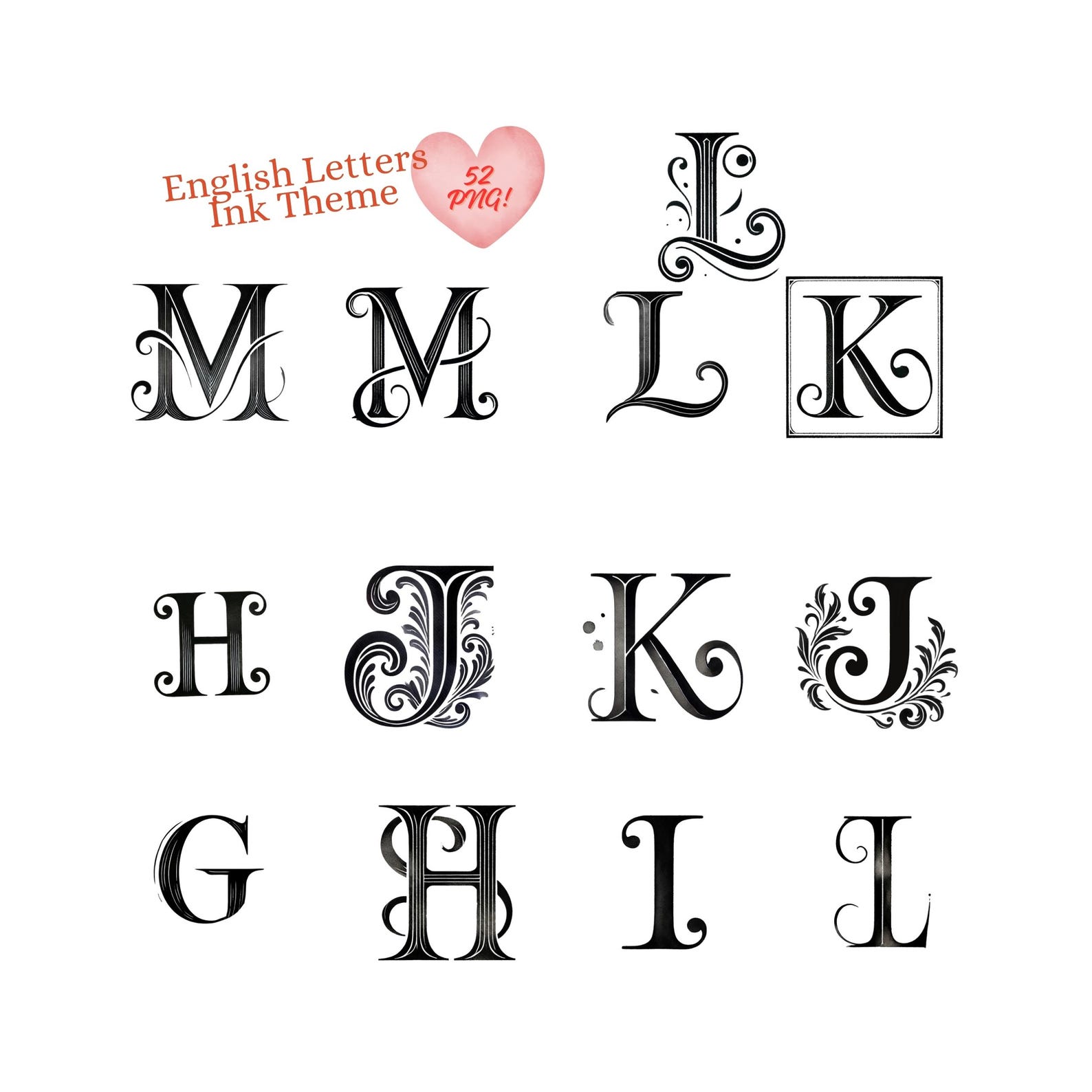Watercolor AI Generate Elegant Black Ink Alphabet PNG Set - 52 High ...