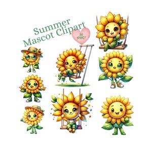 Strahlende Sonnenblume Maskottchen Clipart Sammlung für helle Sommerprojekte, Sommerspaß Clipart Digital Download, PNG Datei High Quality.
