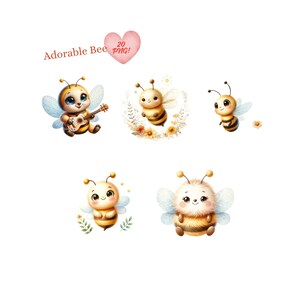 May include: A set of 20 digital illustrations of adorable cartoon bees in various poses. The bees are yellow and black with cute faces and wings. Some bees are holding musical instruments, while others are flying or sitting on flowers. The illustrations are perfect for adding a touch of whimsy to any project.