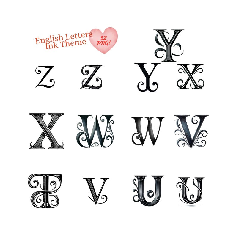 Watercolor AI Generate Elegant Black Ink Alphabet PNG Set - 52 High ...