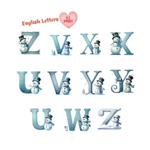 Watercolor Snowman Alphabet Clipart Bundle | 52 PNG AI Generated Letters | Winter Themed English Letters with Snowman Design.
