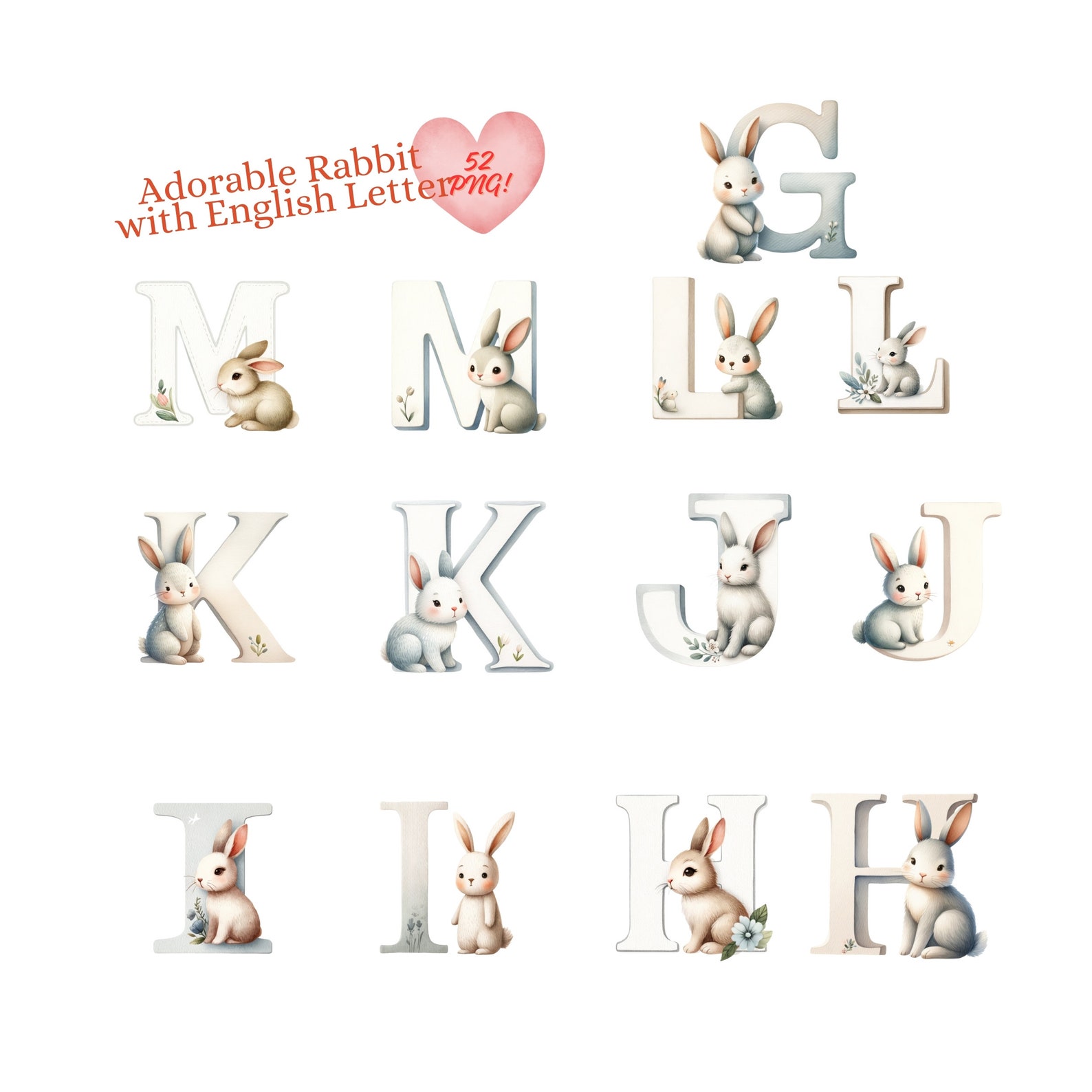 Watercolor Adorable Rabbit Alphabet Clipart, Transparent Background ...