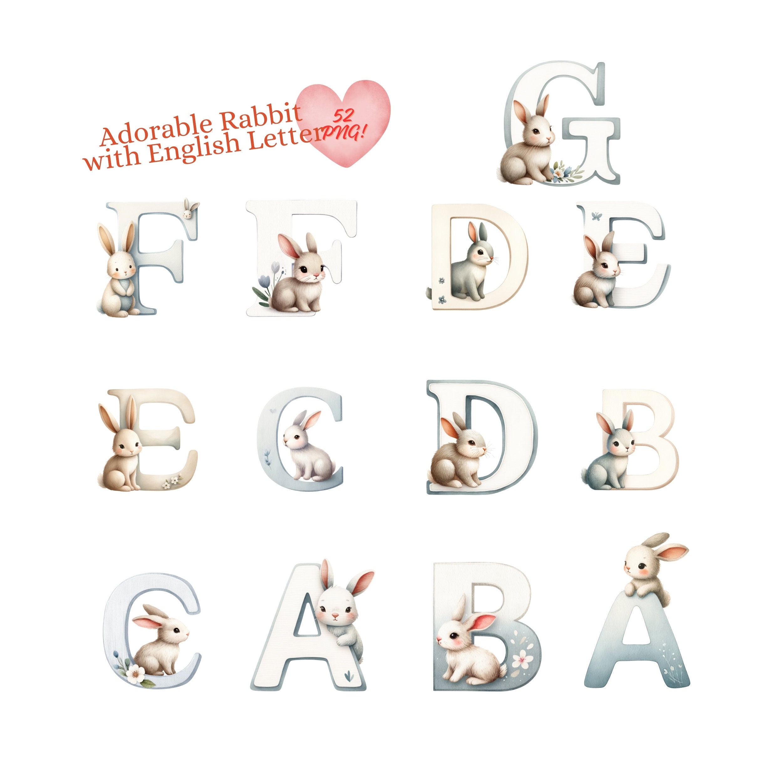 Watercolor Adorable Rabbit Alphabet Clipart, Transparent Background ...