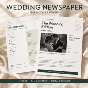 Op de afbeelding: Een trouwkrant-sjabloon met een zwart-witfoto van een omhelzend stel. De lay-out bevat tekstsecties met de titels The Wedding Edition, Alex & Jamie en The celebration, met details over de planning van het evenement en de locatie.