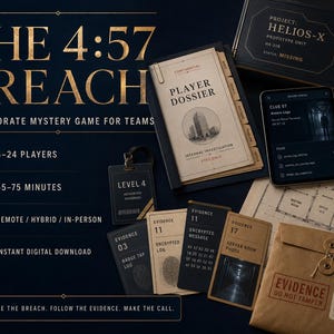 Peut inclure: Le kit de jeu de mystère d'entreprise The 4:57 Breach comprend un dossier de joueur, des cartes de preuves, un badge de niveau 4, une tablette affichant des journaux d'accès, un plan d'étage et une enveloppe brune marquée Evidence Do Not Tamper.
