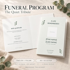 Puede incluir: Una plantilla de programa funerario plegable de cuatro paneles en color blanco con ilustraciones de hojas verdes. La portada muestra el texto A LIFE REMEMBERED, un marcador de posición para fotos y campos para nombres y fechas. El interior incluye With gratitude.
