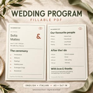 Può includere: Due cartoncini per il programma di matrimonio color crema con testo verde scuro e terracotta. La carta a sinistra elenca Sofia e Matteo, 12 giugno 2027, e le fasi della cerimonia. La carta a destra elenca i partecipanti e il programma.