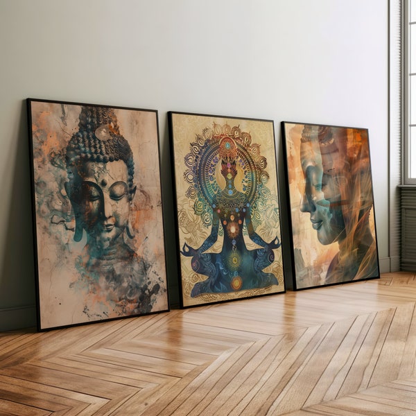 Art mural spirituel, bouddha, lot de 3, Boho Wohndeko, décoration spirituelle, affiche chakra, cadeau spirituel, affiche pleine conscience, oeuvre d'art imprimable