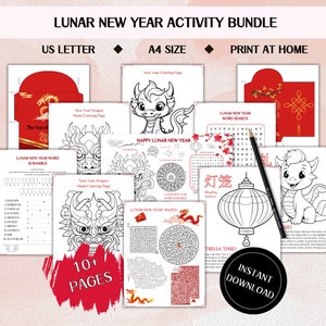 Lunar New Year Printable Activity Bundle, Chinese New Year Coloring Pages, Lunar New Year games and Crafts, Kids Lunar New Year Activities