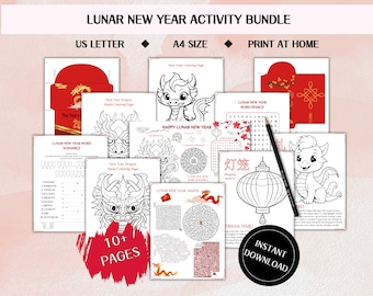 Lunar New Year Printable Activity Bundle, Chinese New Year Coloring Pages, Lunar New Year games and Crafts, Kids Lunar New Year Activities