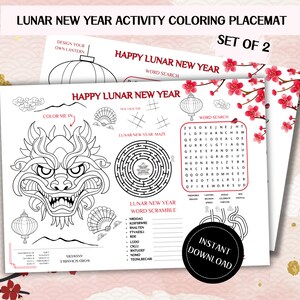 Lunar New Year Printable Kids Activity Coloring Placemat, Printable Coloring Placemat, Chinese New Year Activity Sheet, Kids Activity Page