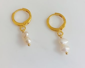 Baroque Pearl Hoop Earrings, Freshwater Pearl, Button Pearl