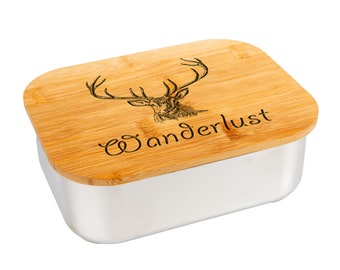 DekoAlm24 Lunchbox / Brotdose - Wanderlust - aus Edelstahl mit Bambusdeckel & Spannband