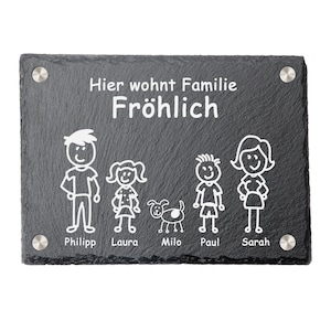 Könnte beinhalten: Schwarzes Schiefer-Schild mit weißer Strichmännchen-Familienillustration und dem Text "Hier wohnt Familie Fröhlich". Die Familienmitglieder sind mit "Philipp", "Laura", "Milo", "Paul" und "Sarah" beschriftet.