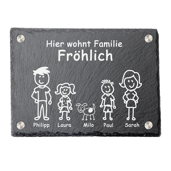 Personalisiertes Familien Tür-Schild aus Schiefer - Hier wohnt Familie - mit Edelstahl Abstandhalter oder Jute-Schnur