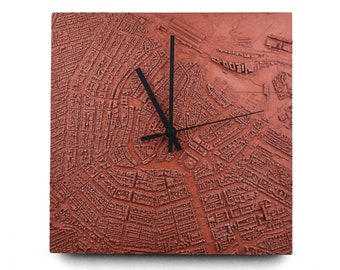 Orologio da parete con mappa della città in cemento – Decorazione urbana moderna – Rosso/Arancio/Giallo