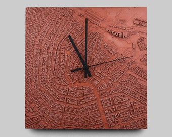 Concrete City Map Wall Clock – Modern Urban Décor – Red/Orange/Yellow