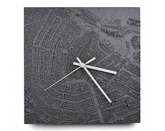 Reloj de pared con mapa de ciudad de hormigón – Decoración urbana moderna – Negro/Gris/Blanco