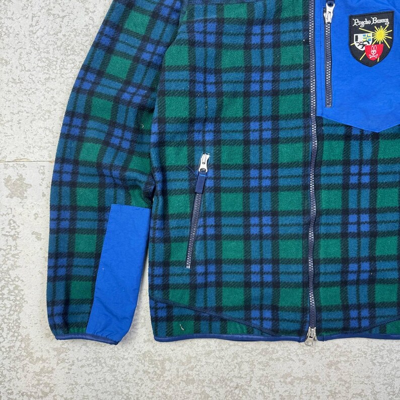 Psycho Bunny Fleece Hoodie Green Blue Plaid Checkered Zip Up Jacket image 4