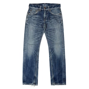 May include: Blue denim jeans with a faded wash and distressed details. The jeans have a button fly, classic five-pocket design, and a straight leg fit. The top button has the number "513" on it.