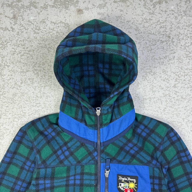 Psycho Bunny Fleece Hoodie Green Blue Plaid Checkered Zip Up Jacket image 6