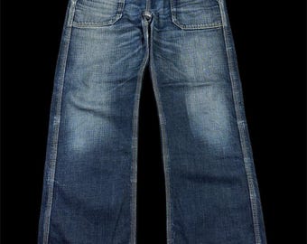 Japanese Workwear Denim Jeans: Indigo Blue Buckle Back Wide Leg Painter Pants (Size 31)